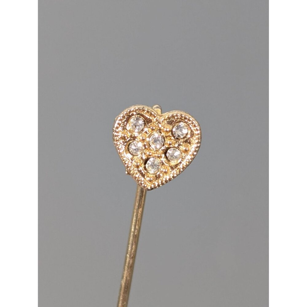 Vintage Gold Tone Rhinestone Heart Stick Pin Brooch Classic